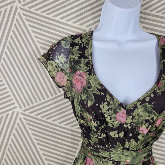 Vintage DKNY Top Blouse Floral Mesh Size XS Chiffon semi sheer alt Tie Waist - Picture 4 of 8